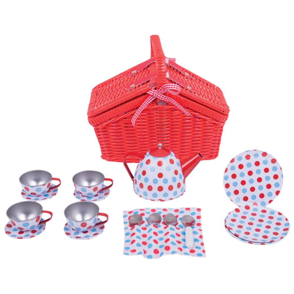 Ensemble de thé à pois avec panier en osier pour enfants de Bigjigs Toys