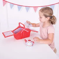 Bigjigs Toys Spotted Kids Tea Set with Wicker Basket