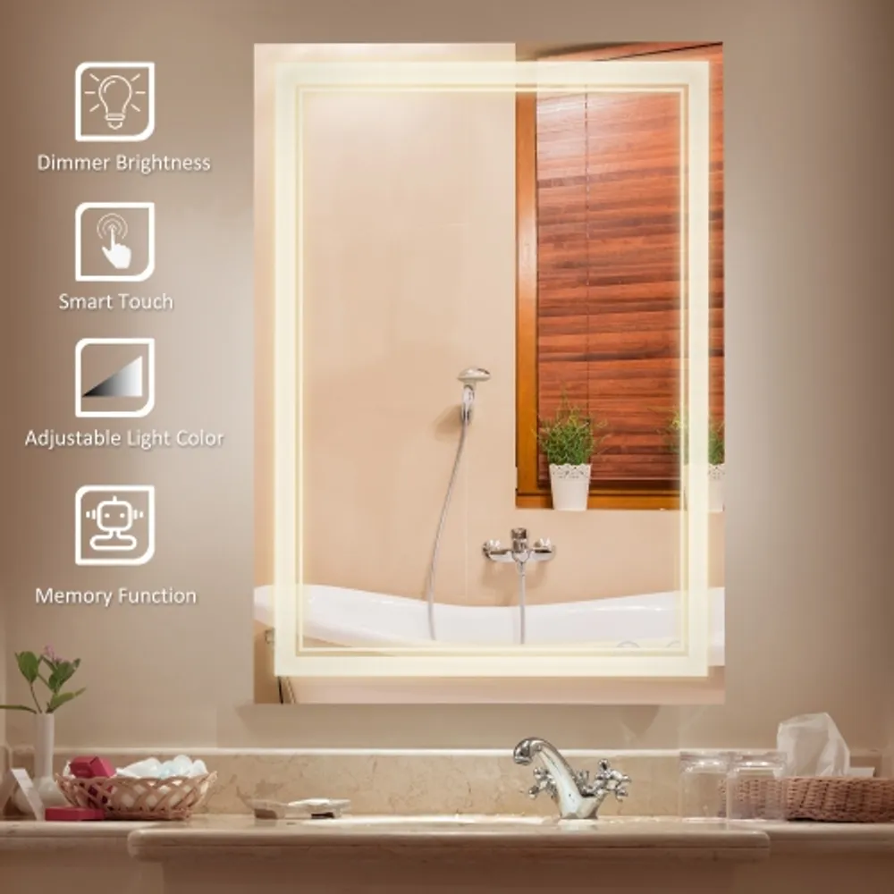 Kleankin 24'' x 32'' LED Bathroom Mirror, Dimmable Lighted Anti Fog  Wall-Mounted Mirror, with Color, Smart Touch, Plug-in, Vertical or  Horizontal Hanging Galeries de la Capitale