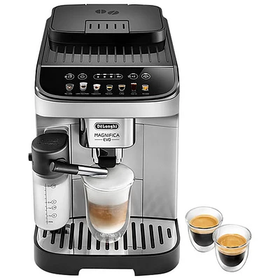 DeLonghi Magnifica Evo Automatic Espresso Maker with Frother & Grinder & Over Ice Function-Silver/Black