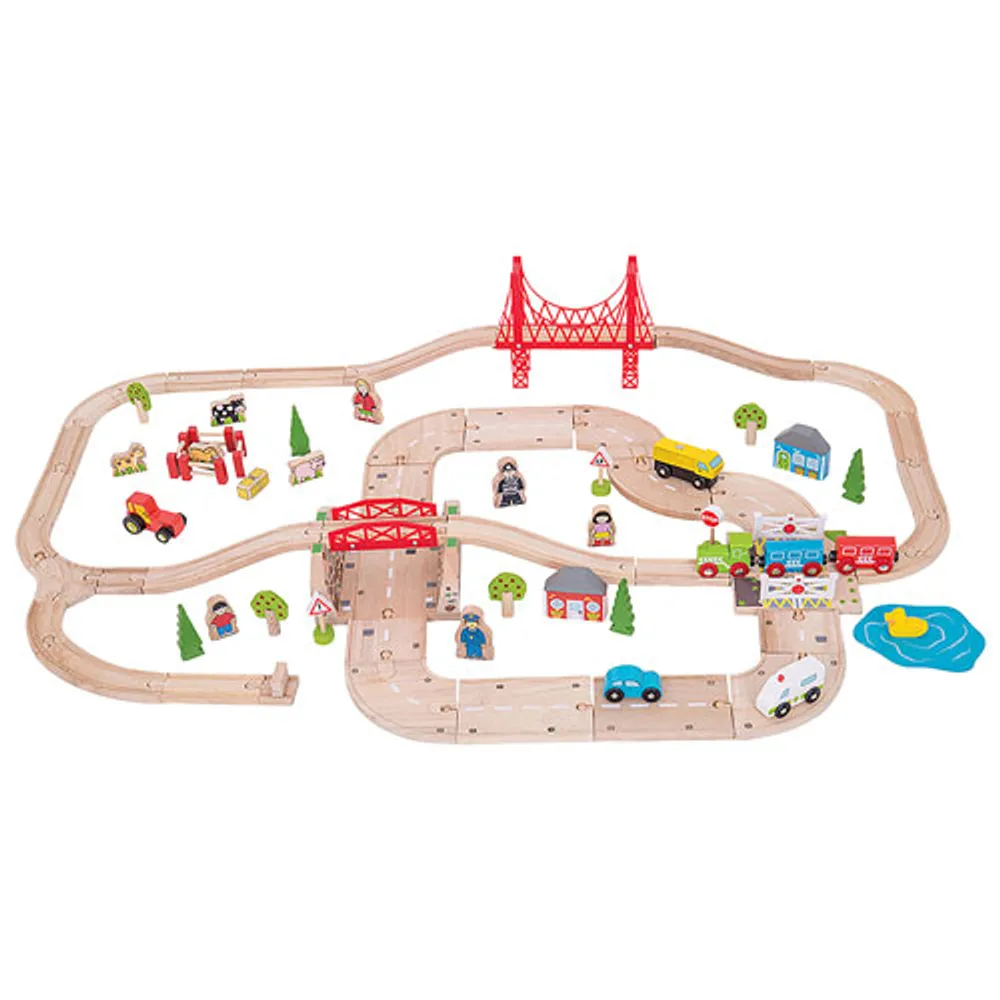 Jeu de train avec chemin de fer et route de Bigjigs Toys