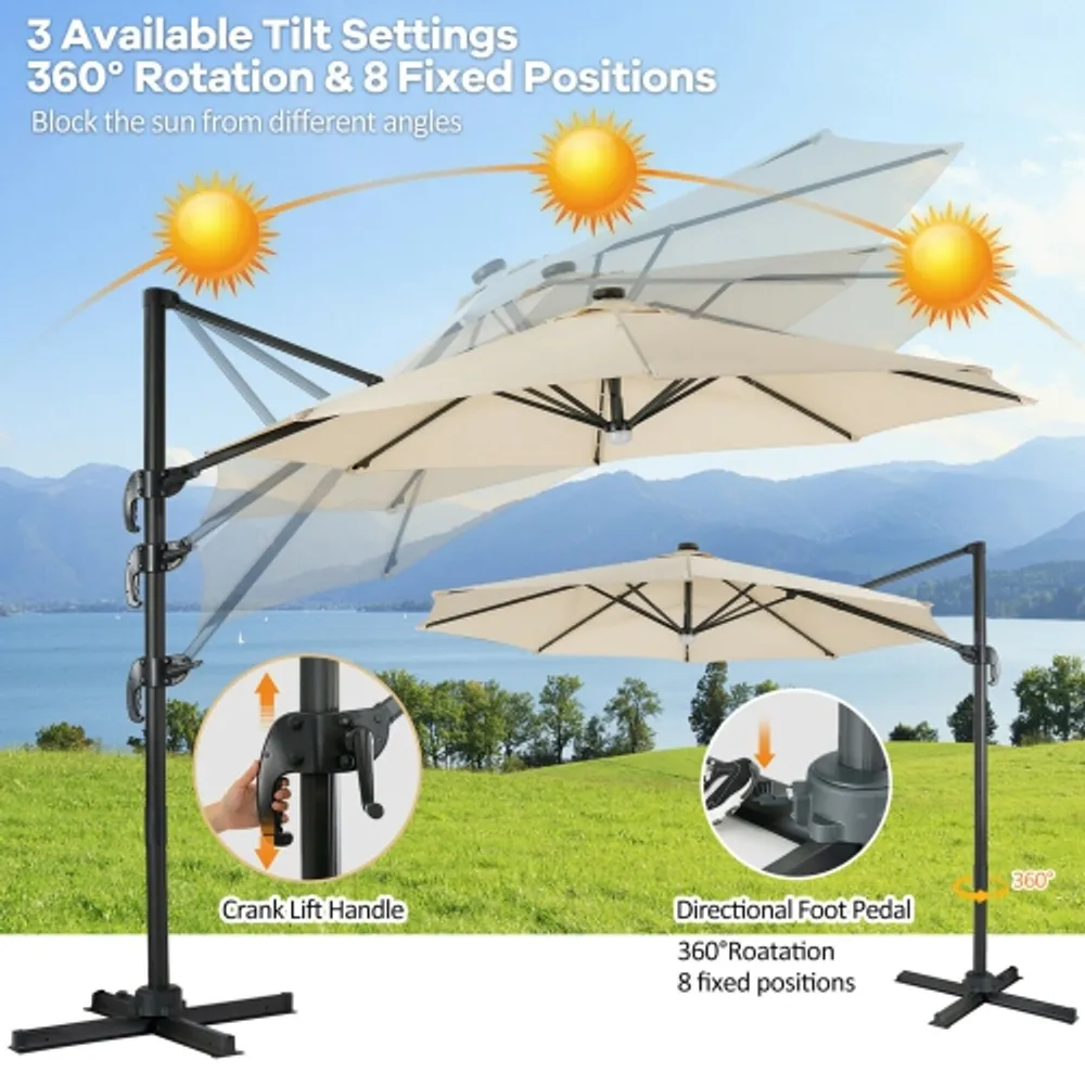Gymax 10FT Cantilever Solar Umbrella 28LED Lighted Patio Offset Tilt 360°  Outdoor Beige / Coffee / Wind-Red | Scarborough Town Centre