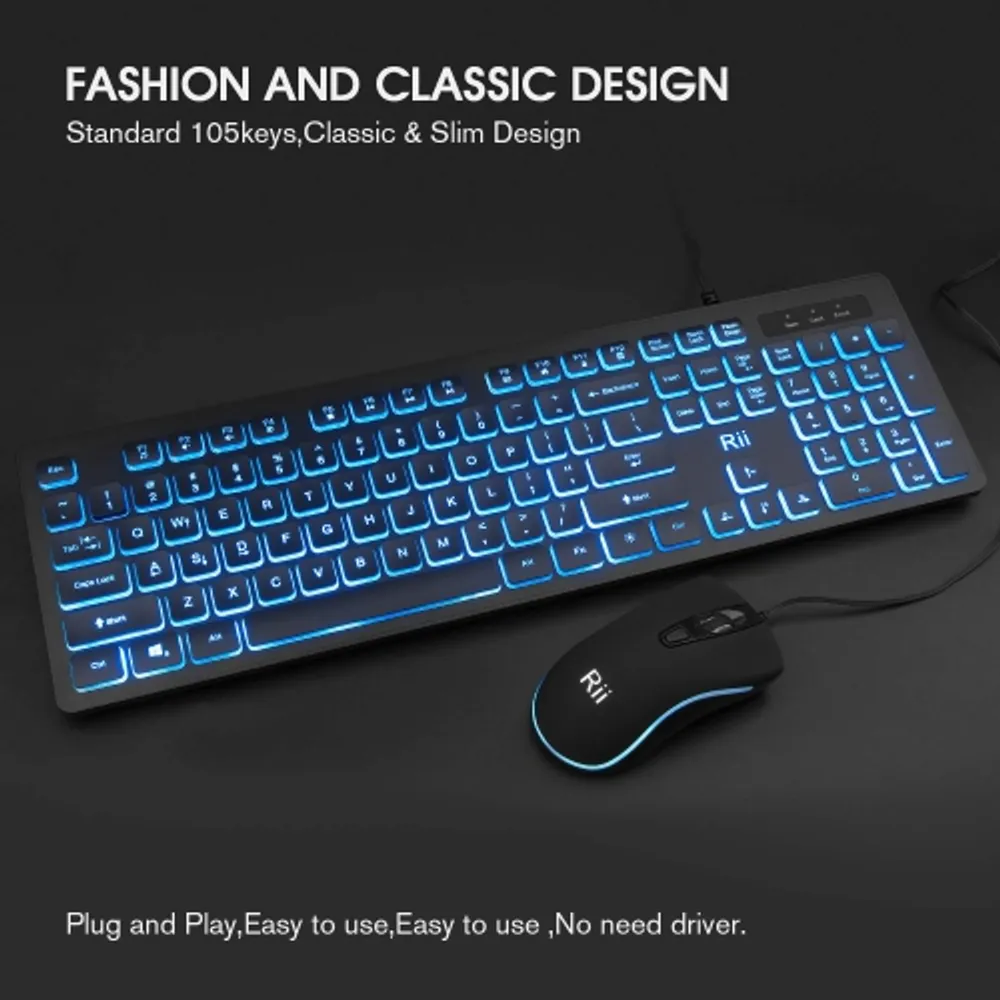 Rii Gaming Keyboard and Mouse Set, 3-LED Backlit Mechanical Feel Business  Office Keyboard Colorful Breathing Backlit Gaming Mouse for Working or