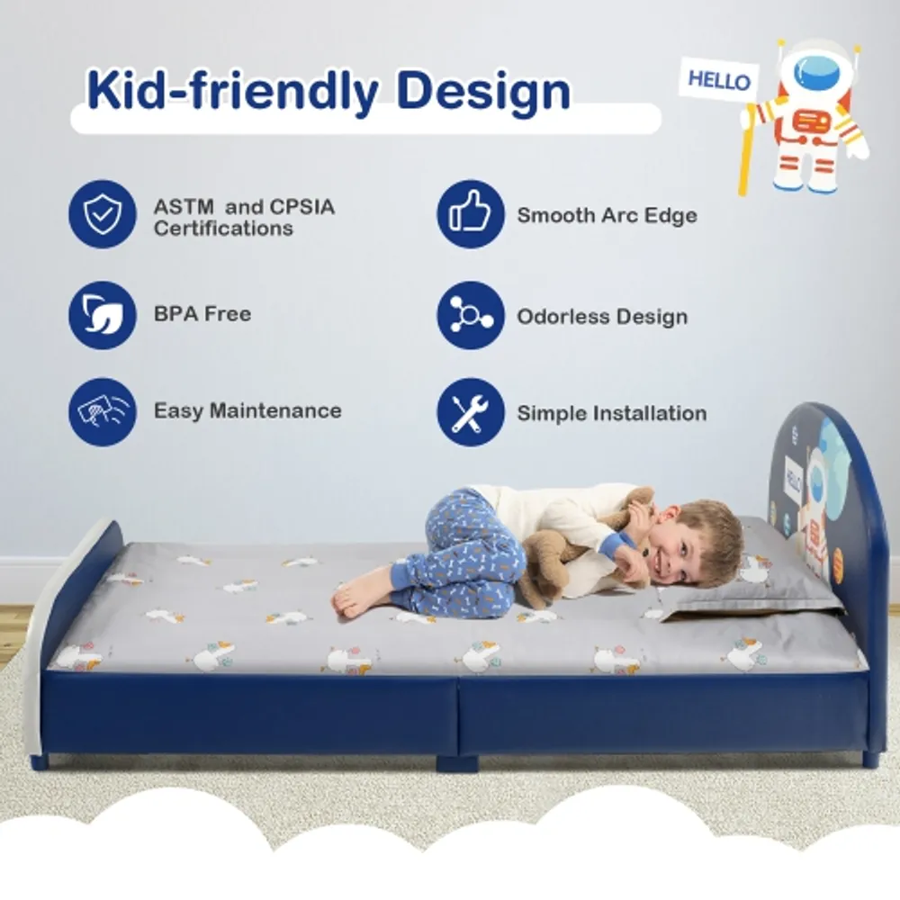 Costway Kids Upholstered Platform Bed Children Twin Size Wooden Bed Rainbow  Pattern
