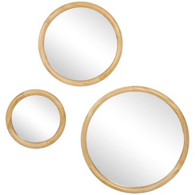 HOMCOM Set of 3 Wood Wall Mirror, Home Modern Round Mirror Hanging for Living Room, Bedroom, Natural