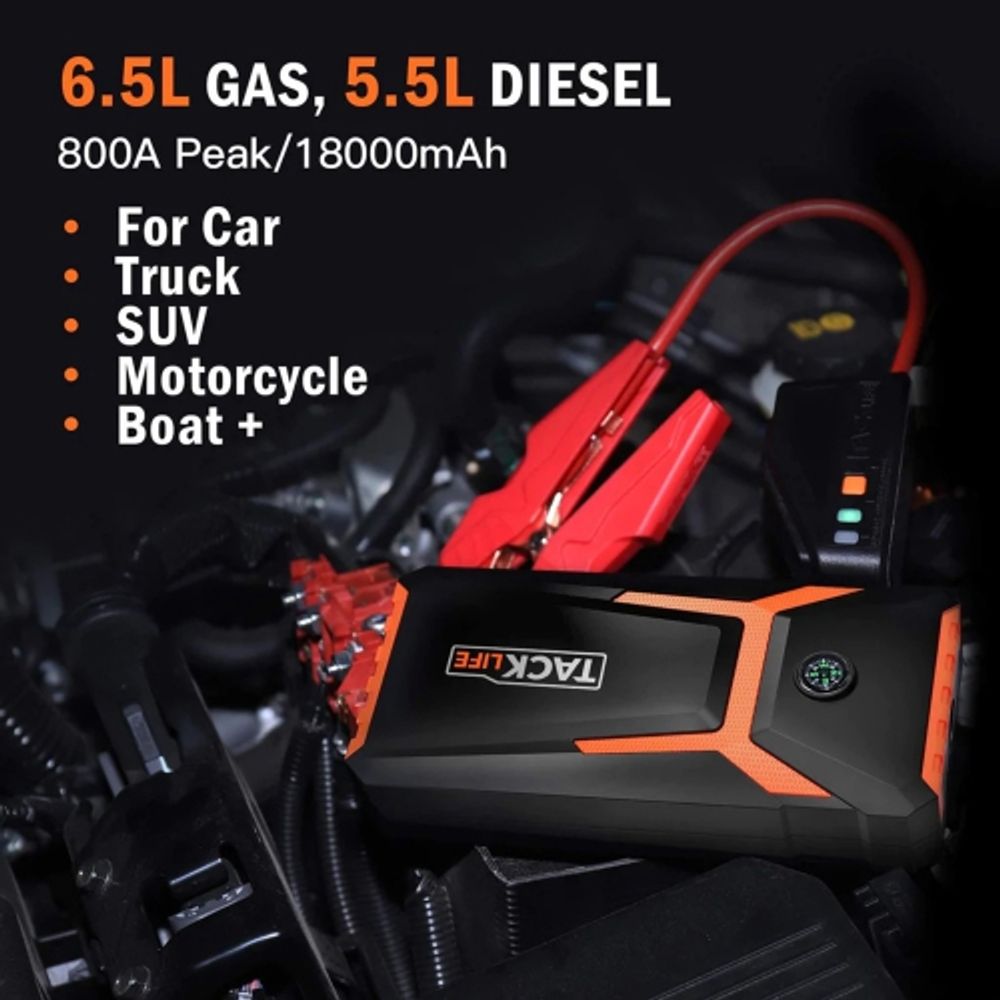 TACKLIFE T6 800A Peak 18000mAh Car Jump Starter (up to 7.0L Gas, 5.5L  Diesel Engine) with Long Standby, Quick Charge, 12V Auto Battery Booster,  Portable Power Pack for Cars, Trucks, SUV 
