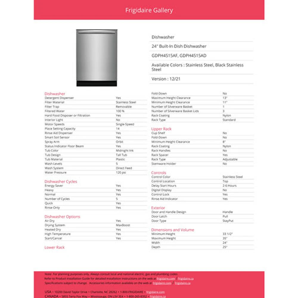Lave-vaisselle encastrable 24 po 52 dB Gallery de Frigidaire (GDPH4515AF) - Acier inoxydable