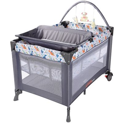 Grey Portable Baby Playard, Sturdy Crib Bed Play Yard with Removable Bassinet and Changing Station