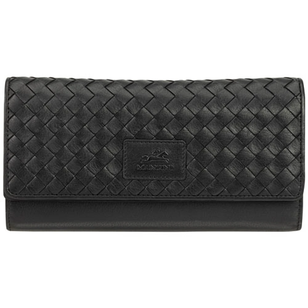 Mancini Basket Weave RFID Genuine Leather Tri-fold Clutch Wing Wallet