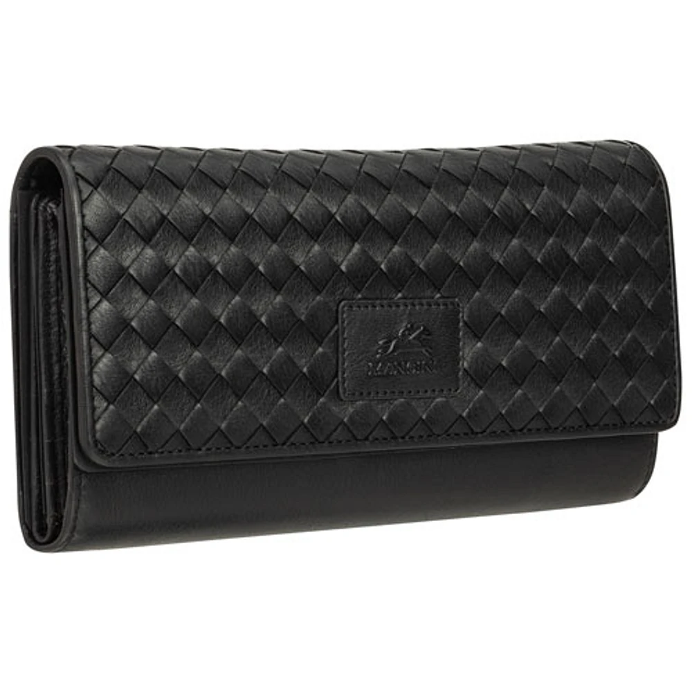 Mancini Basket Weave RFID Genuine Leather Tri-fold Clutch Wing Wallet