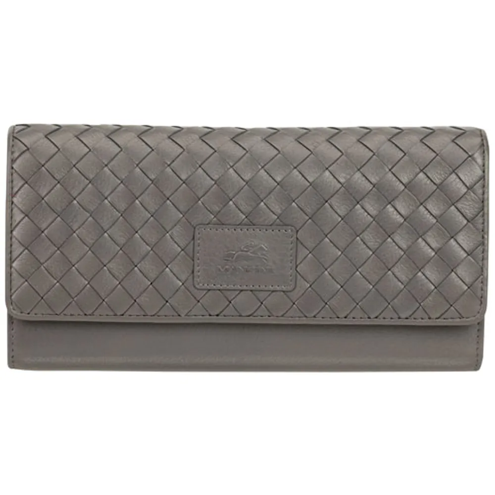 Mancini Basket Weave RFID Genuine Leather Tri-fold Clutch Wing Wallet