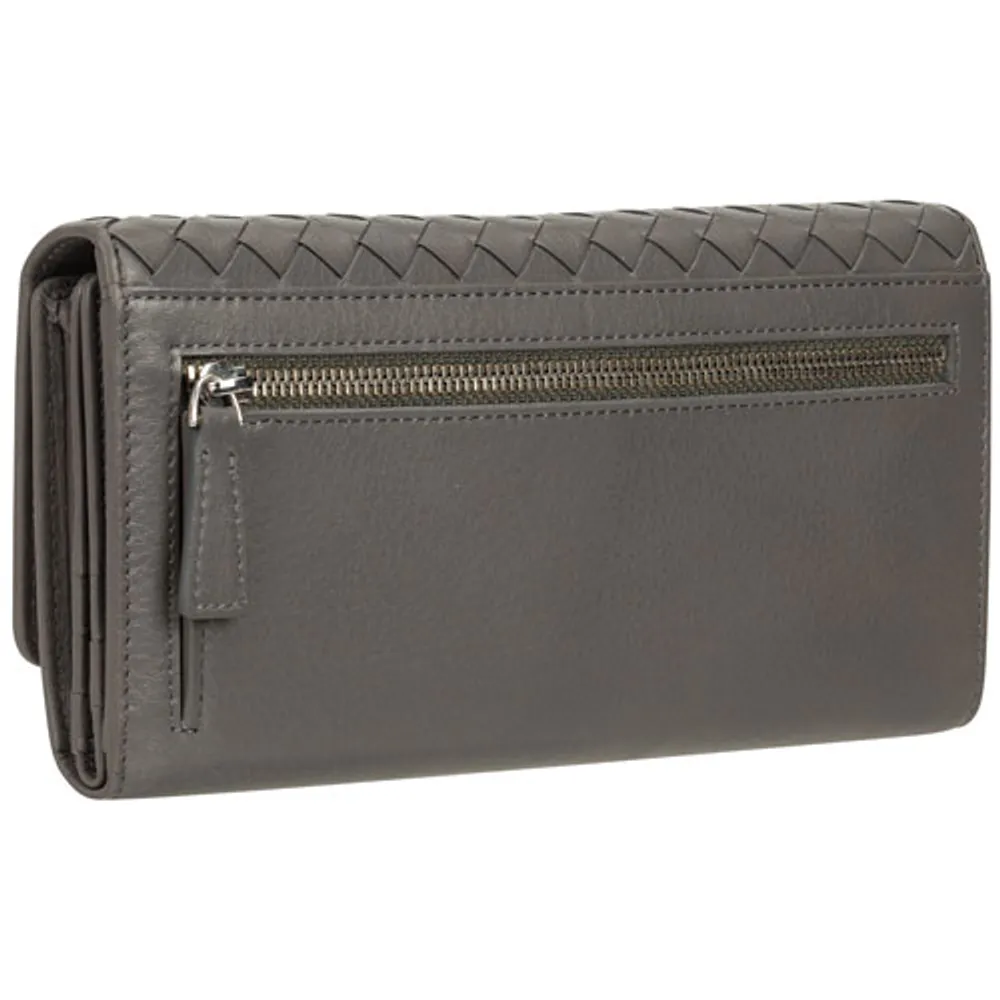 Mancini Basket Weave RFID Genuine Leather Tri-fold Clutch Wing Wallet - Grey