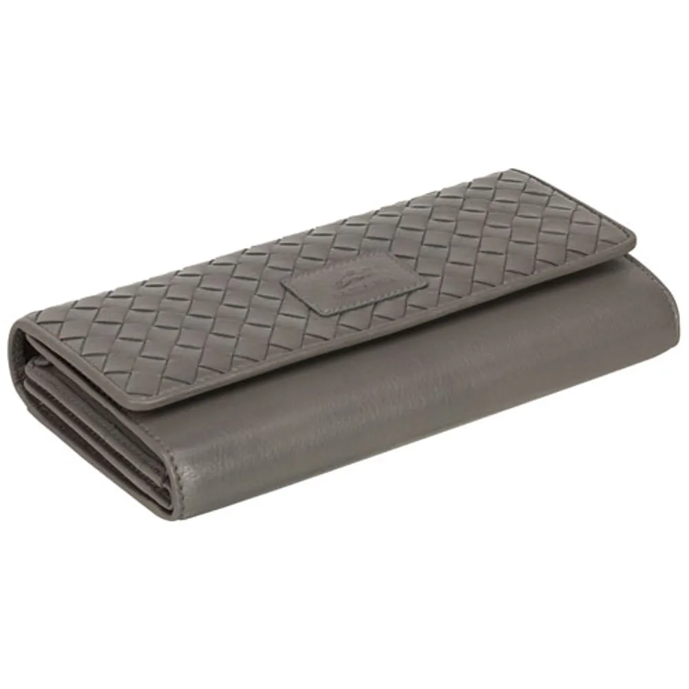 Mancini Basket Weave RFID Genuine Leather Tri-fold Clutch Wing Wallet