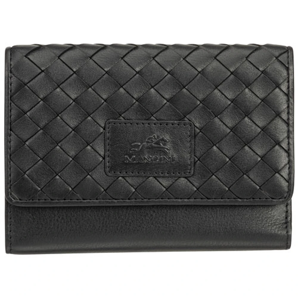 Pochette-portefeuille RFID à trois volets en cuir véritable Motif tressé de Mancini - Noir