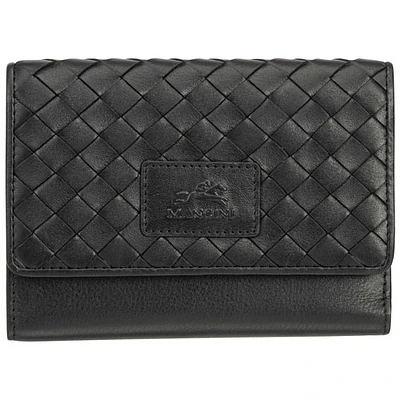 Pochette-portefeuille RFID à trois volets en cuir véritable Motif tressé de Mancini - Noir