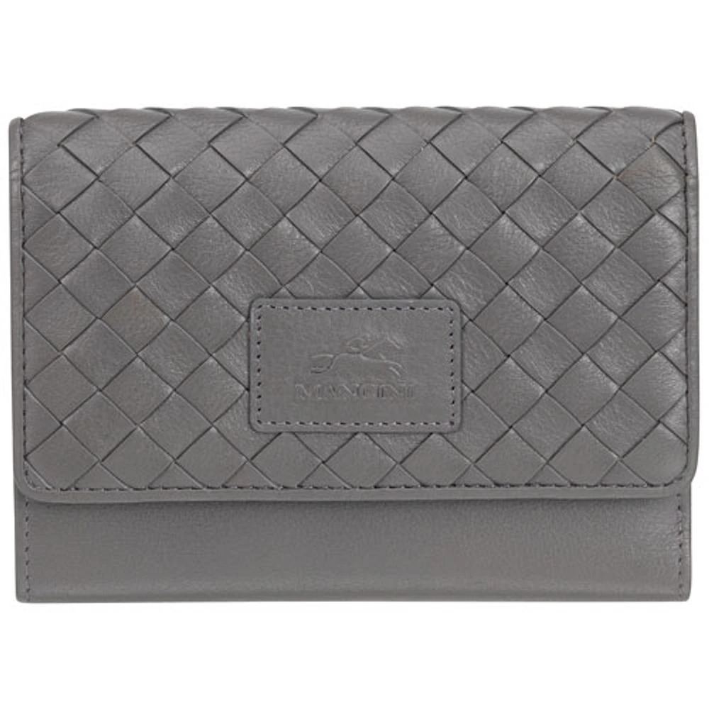 Mancini Basket Weave RFID Genuine Leather Tri-fold Clutch 8-Slot Wallet - Grey