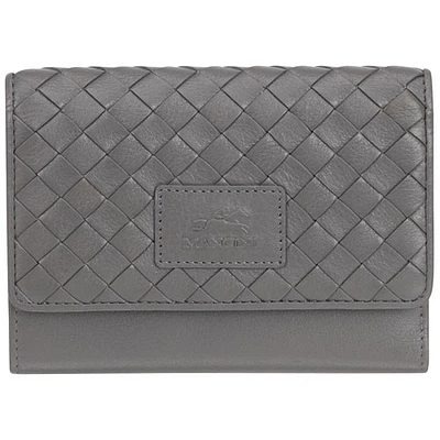 Mancini Basket Weave RFID Genuine Leather Tri-fold Clutch 8-Slot Wallet - Grey