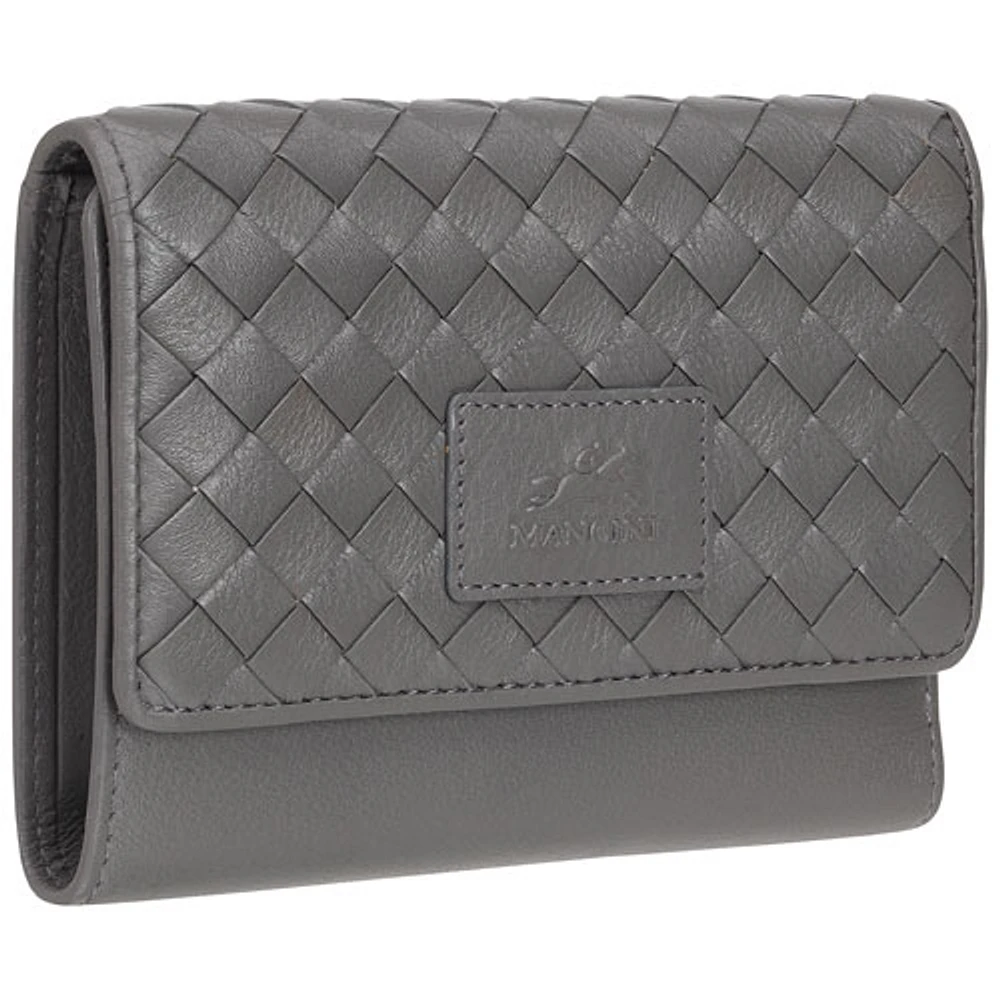 Mancini Basket Weave RFID Genuine Leather Tri-fold Clutch 8-Slot Wallet - Grey