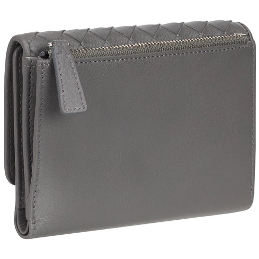 Mancini Basket Weave RFID Genuine Leather Tri-fold Clutch 8-Slot Wallet - Grey