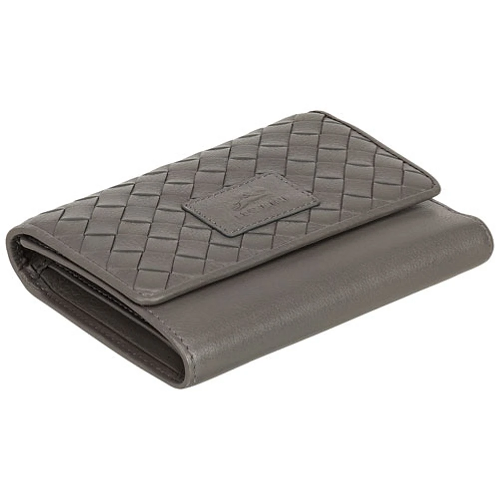 Mancini Basket Weave RFID Genuine Leather Tri-fold Clutch 8-Slot Wallet - Grey