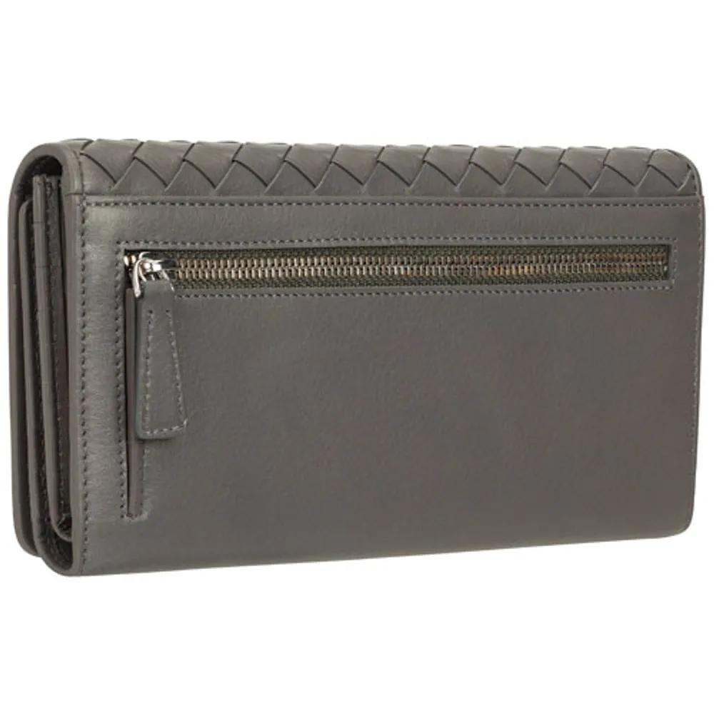 Mancini Basket Weave RFID Genuine Leather Tri-fold Clutch Wallet - Grey