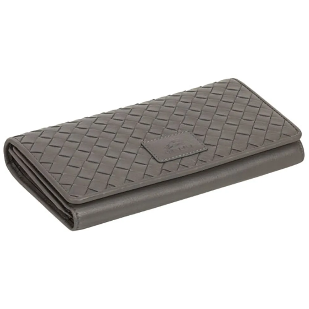 Mancini Basket Weave RFID Genuine Leather Tri-fold Clutch Wallet - Grey