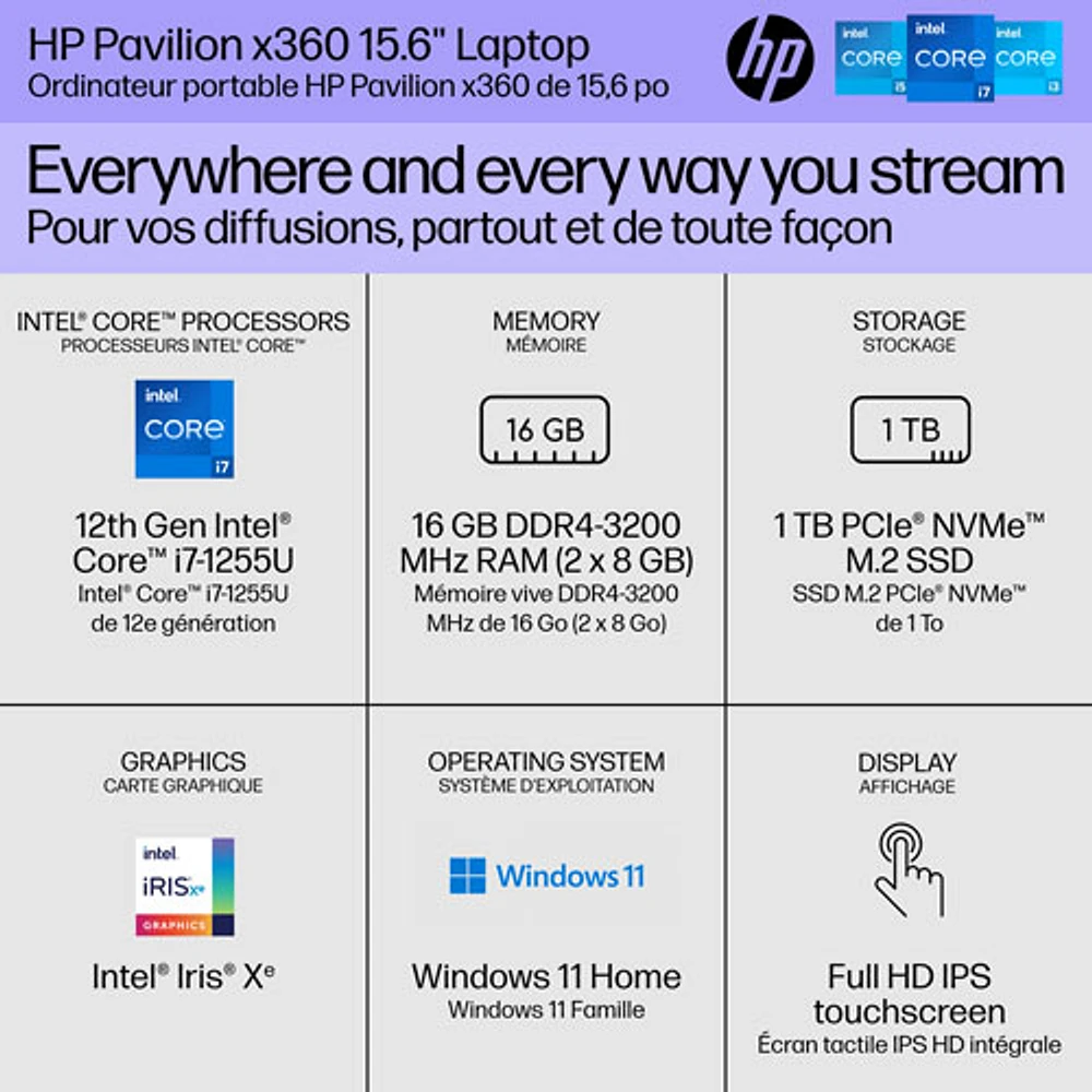 HP Pavilion x360 15" Touchscreen 2-in-1 Laptop - Natural Silver (Intel Core i7-1255U/1TB SSD/16GB RAM/Windows 11)