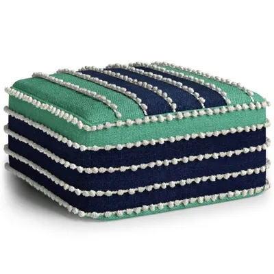 Simpli Home Garbo Boho Square Woven Pouf in Aqua and Navy and White