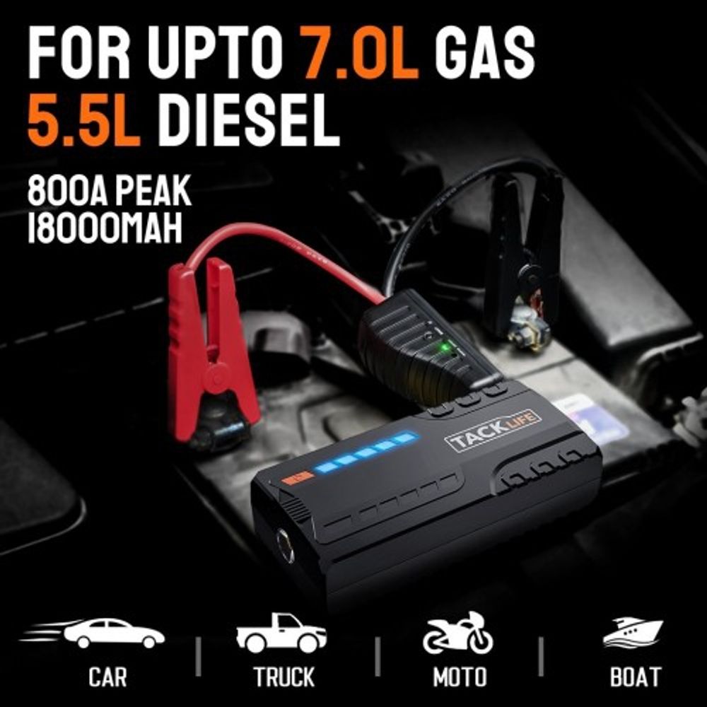 Tacklife 800A Peak 18000mAh Car Jump Starter Up to 7.0L Gas, 5.5L Diesel  Engine, 12V Auto Battery Booster T8 Red 