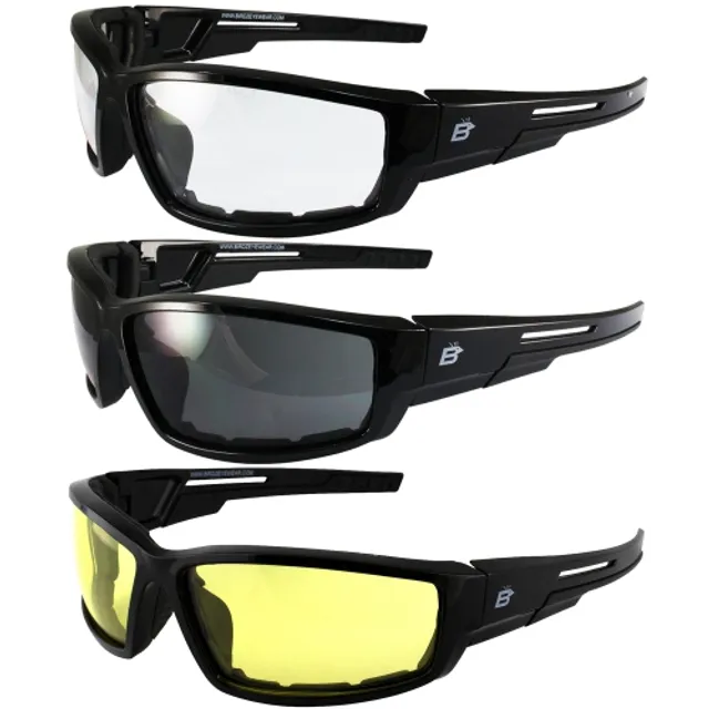 2 Pairs of Birdz Eyewear Gasket Safety Padded Motorcycle Sport Sunglasses Black Grey Frame with Smoke & Clear Lenses