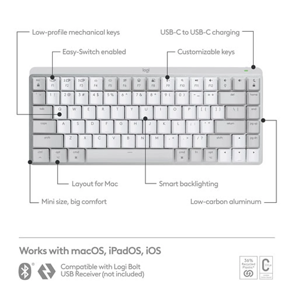 Clavier ergonomique rétroéclairé mécanique Bluetooth MX Mini de Logitech pour Mac