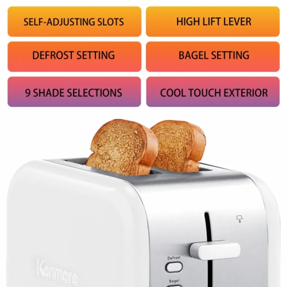 Kenmore 4-Slice Toaster, White Stainless Steel, Dual Controls, Extra Wide Slots, Bagel and Defrost