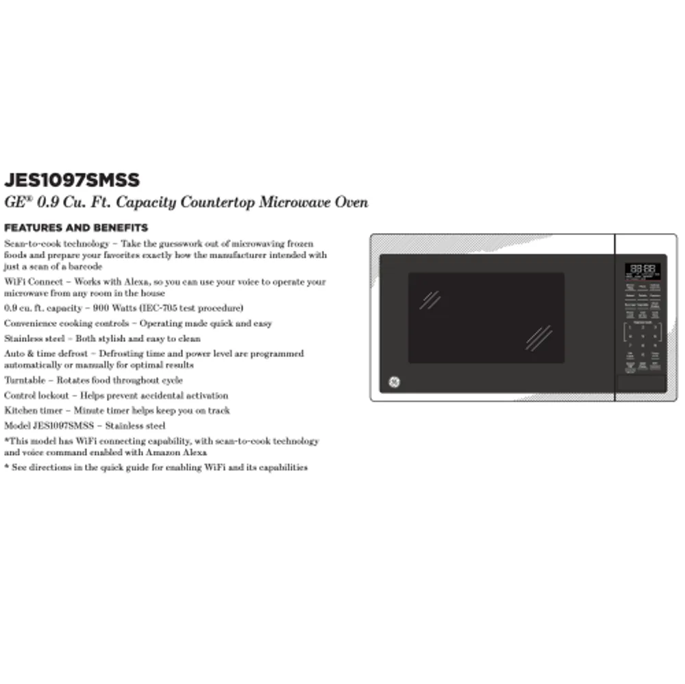 GE 0.9 cu. ft. Smart Countertop Microwave Oven with Scan-To-Cook Technology  and Wifi-Connectivity, Smart Home  Kitchen Essentials Stainless Steel  (JES1097SMSS) Scarborough Town Centre