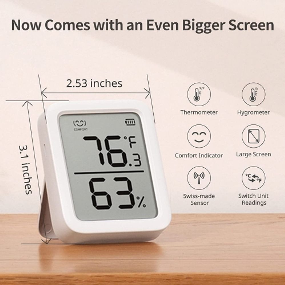 Bluetooth Digital Electronic Temperature and Humidity Meter Gauge ( Thermometer and Hygrometer in one with LCD Display) - Room Humidity and Temperature  Sensor Gauge with Remote App Monitoring, Notification Alerts, 2 Years Data