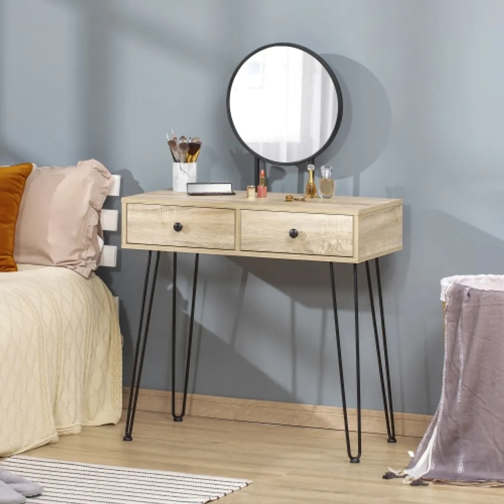 HOMCOM Makeup Vanity Table Set with Round Mirror, Built-in 3 Color LED  Light, Dressing Desk with 4 Drawers and Cushioned Stool for Bedroom, White  With