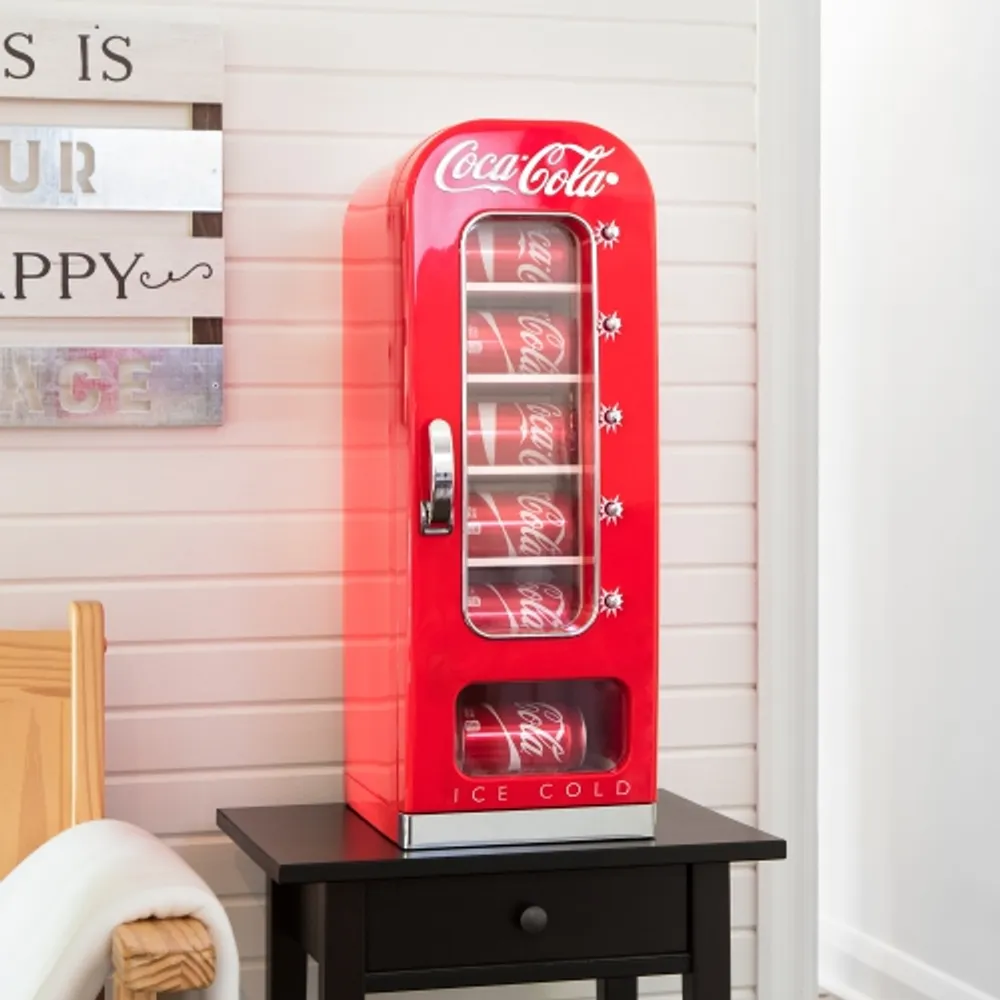 Coca-Cola Retro Vending Machine Style 10 Can Mini Fridge with Display  Window, AC/DC Portable Beverage Cooler for Soft Drink Cans, Includes 12V  and AC Cords, Red