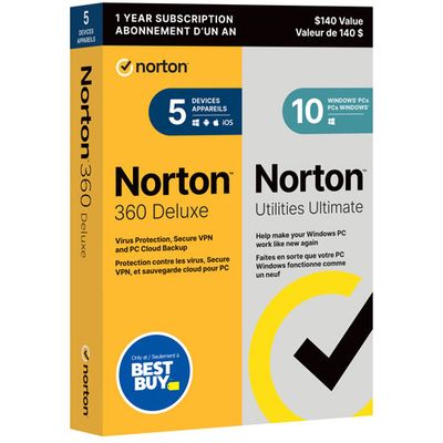 Norton 360 Deluxe w/ Norton Utilities Ultimate (PC/Mac) -5 Devices -50GB Cloud Backup -1 Year - Only at Best Buy