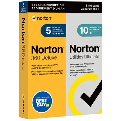 Norton 360 Deluxe w/ Norton Utilities Ultimate (PC/Mac) -5 Devices -50GB Cloud Backup -1 Year - Only at Best Buy