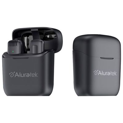 Aluratek Wireless Lapel Condenser Microphone with Charging Case - Black