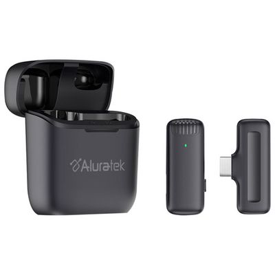 Aluratek Wireless USB-C Lapel Condenser Microphone with Charging Case - Black