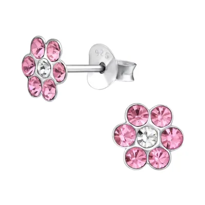 SAg Sterling - terling Silver Pink CZ Flower Stud Earrings