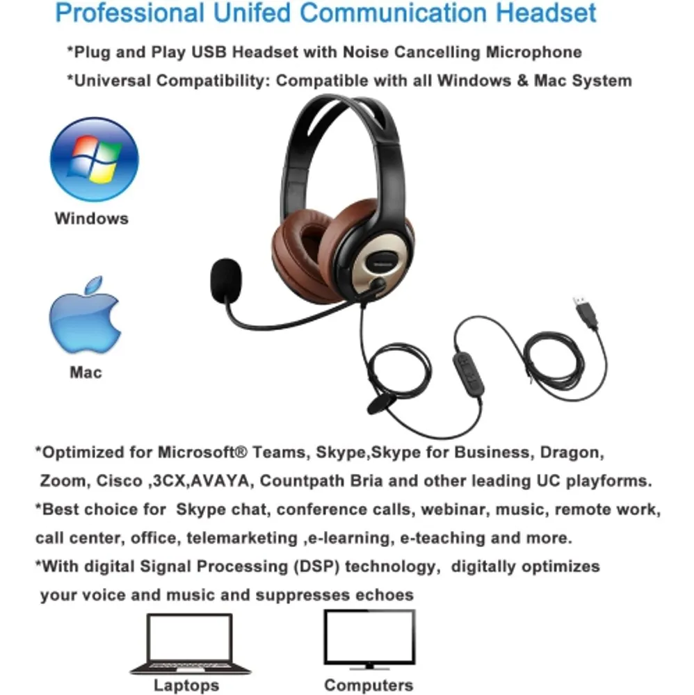 USB Headset Microphone Mic For PC Laptop Chat Call Center with Noise  Cancelling