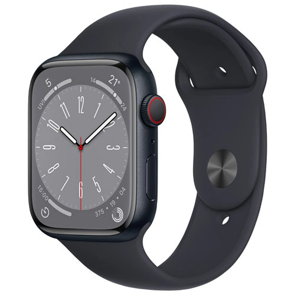 Apple Watch Series 8 (GPS + connectivité cellulaire) avec boîtier de 45 mm en aluminium minuit et bracelet sport minuit - Moyen/Grand