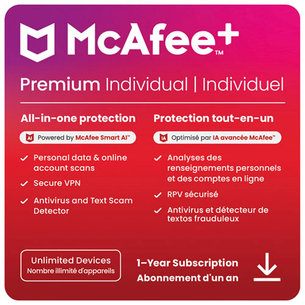 McAfee+ Premium Individual (PC/Mac/Android/iOS) - Appareils illimités - 1 an - Téléchargement numérique