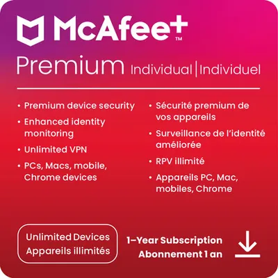 McAfee+ Premium Individual (PC/Mac/Android/iOS) - Appareils illimités - 1 an - Téléchargement numérique