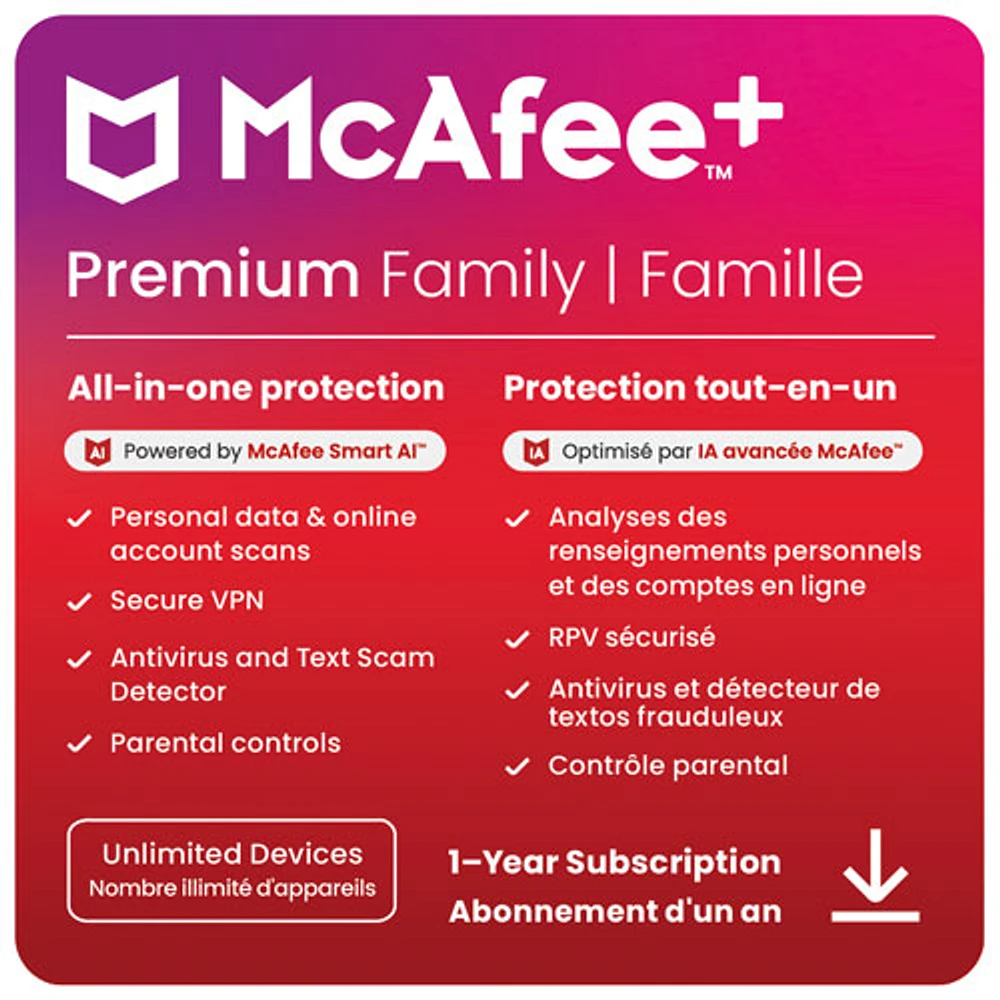 McAfee+ Premium Family (PC/Mac/Android/iOS) - Unlimited Devices - 1 Year - Digital Download