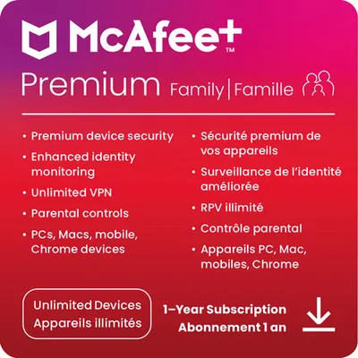 McAfee+ Premium Family (PC/Mac/Android/iOS) - Appareils illimités - 1 an - Téléchargement numérique