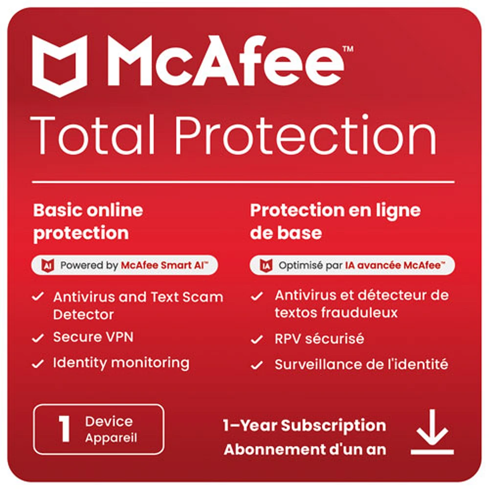 McAfee Total Protection (PC/Mac/Android/iOS) - 1 appareil - 1 an - Téléchargement numérique