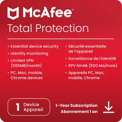 McAfee Total Protection (PC/Mac/Android/iOS) - 1 appareil - 1 an - Téléchargement numérique