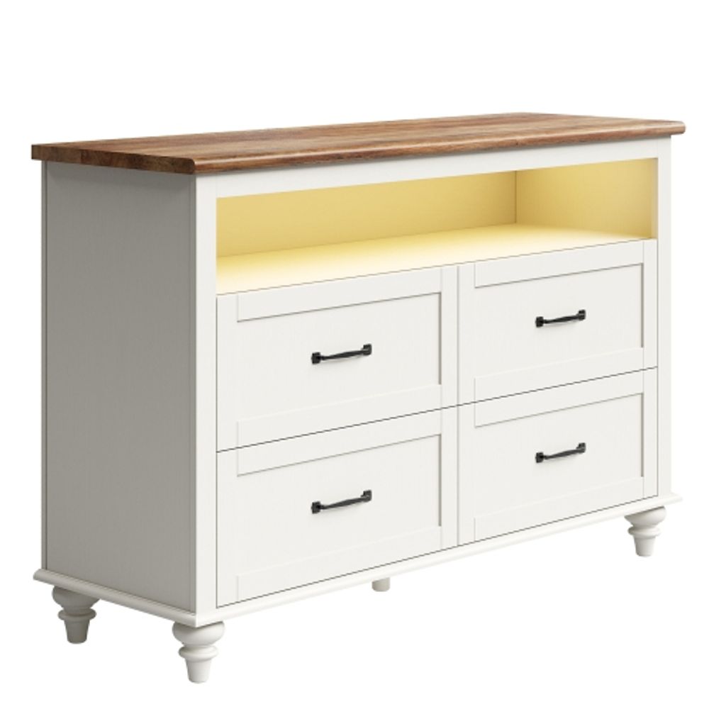 WAMPAT White Dresser for Bedroom, Kids LED Chest of Drawer with 4 Drawers  and 1 Open Storage Shelf, Mid Century Modern Wood Wide Closet Cabinet for  Living Room, Bedroom, Hallway